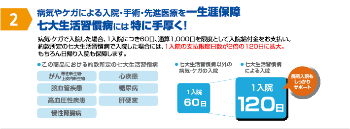 病気やケガによる入院・手術・先進医療を一生保障　七大生活習慣病には、特に手厚く！